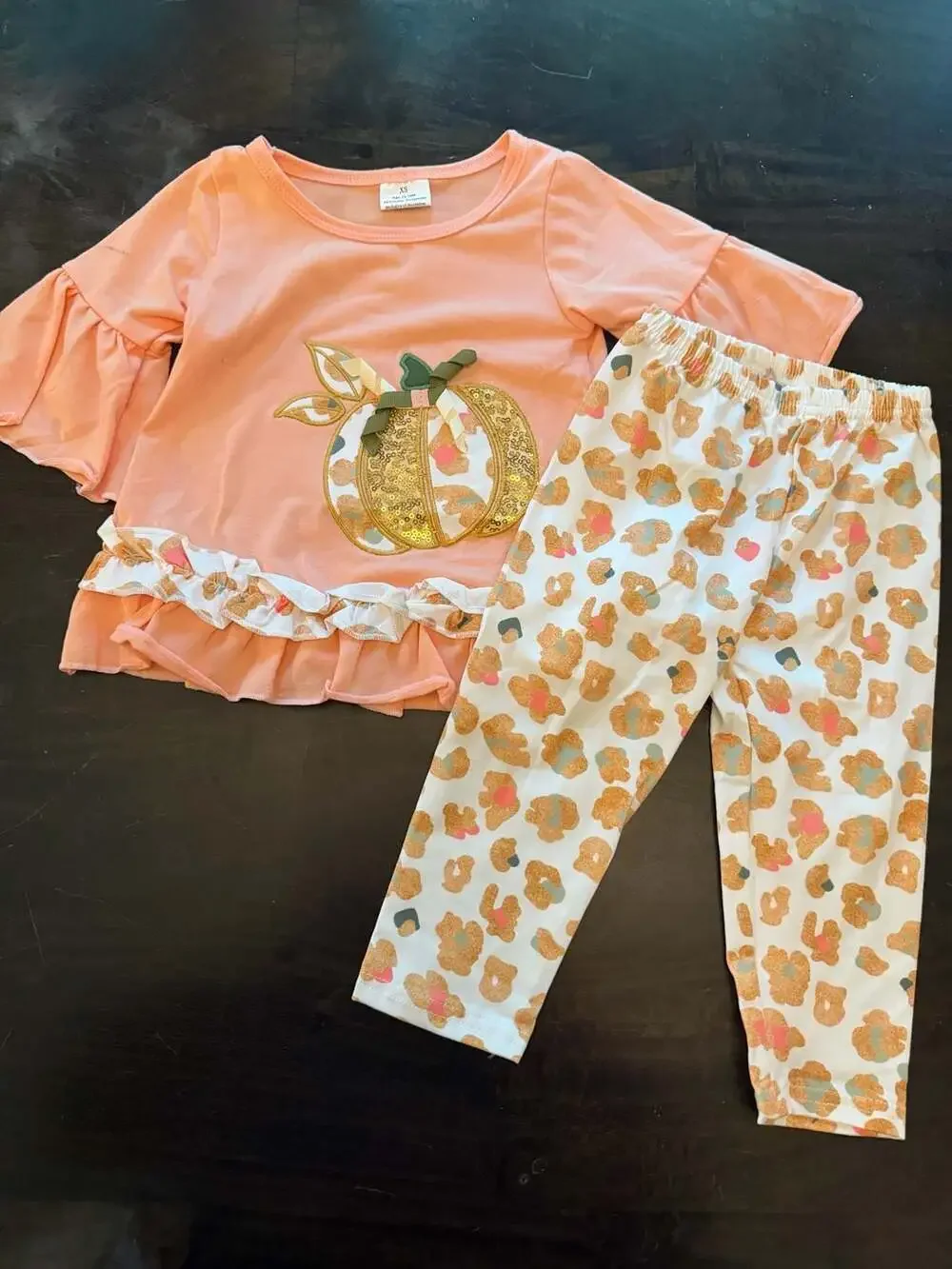 Clothing Peach & Gold Sequin Leopard Pumpkin Ruffle Outfit